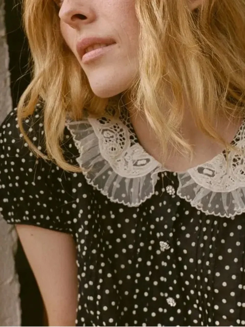 Doen Oleta blouse Lace-Collar Puff Sleeve Polka Dot Top 100% cotton